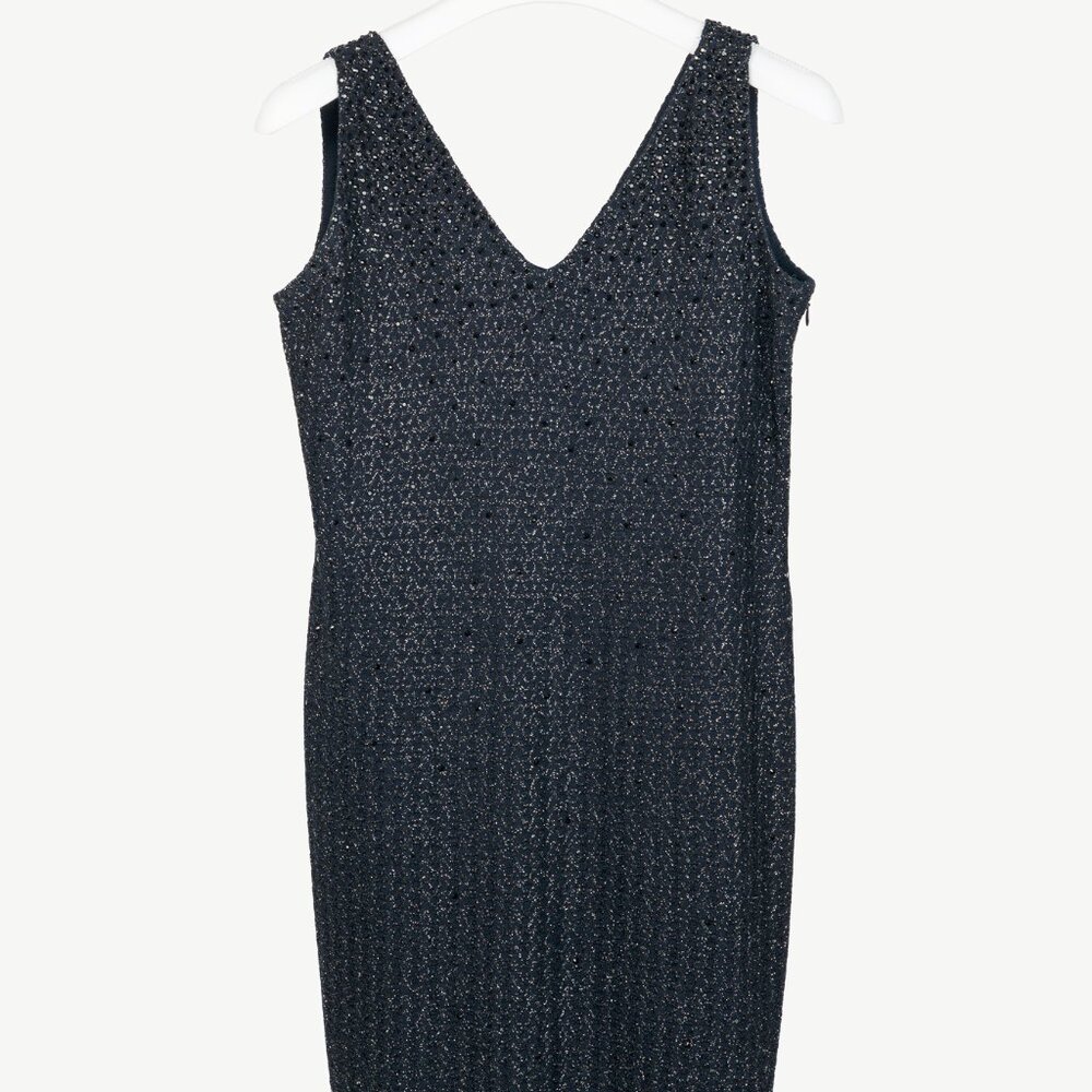St. John Couture Navy Metallic-Knit Rhinestone-Embellished Sleeveless Dress
